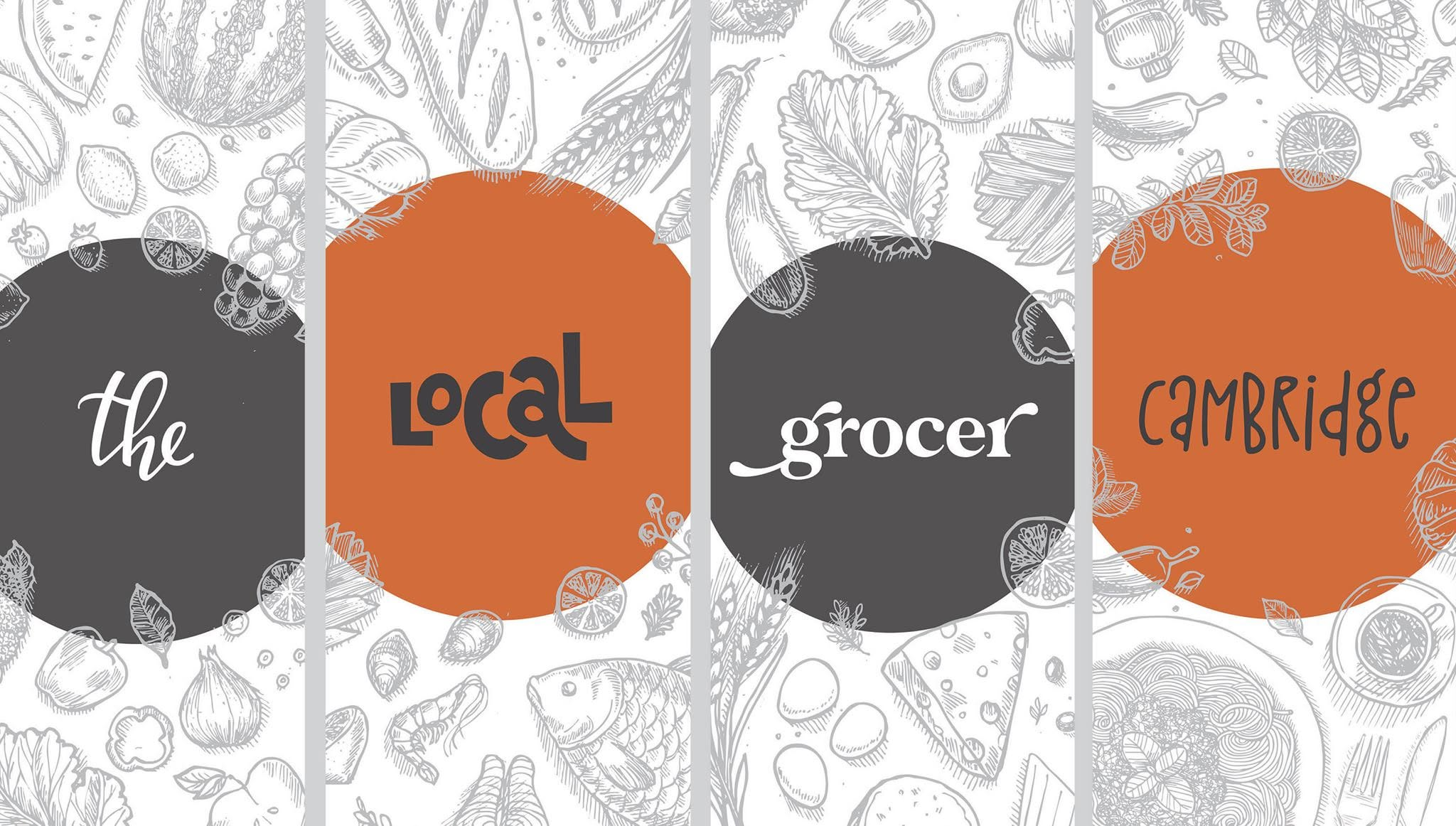 The Local Grocer Cambridge branding, with hand-illustrated sketches of fresh produce, seafood and pantry staples